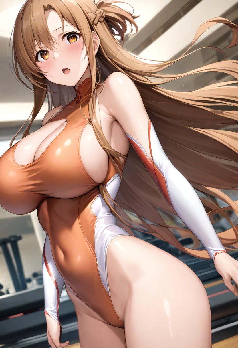 masterpiece, best quality, SimplePositiveXLv2, yuuki asuna, 1girl, solo, long hair, breasts, looking at viewer, blush, open mouth, bangs, large breasts, brown hair, long sleeves, bare shoulders, brown eyes, upper body, braid,orange eyes, floating hair, bodysuit, gym, indoors,