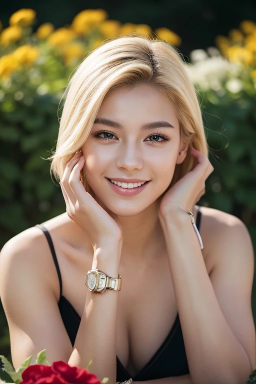 ung man, alone, open eyes, Put on a watch, blonde hair, Hold a wine glass, realistic, flower garden background, smile, Long eyelashes, lips, black set, Portrait, Dark eyebrows, smart