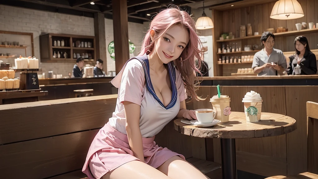 (Nude:1.4),(orgasm face:1.3),(Seductively Posing :1.3),(masterpiece:1.2), Super detailed, Ultra-high resolution, (Realistic, photo Realistic:1.37), High-definition RAW color photos, Professional photos, Very delicate and beautiful, Very detailed, In detail, Large file size, Very detailed beautiful girl, Very detailed face, Very detailed eyes, Very detailed skin, Very detailed nose, Very detailed mouth, Perfect Anatomy, Very detailed背景, Shiny skin, (Famous Japanese actresses:1.5), (Improve), Flat Chest, View your viewers, whole body, (Dynamic pose:1.4), Dynamic Lighting, Denim jacket, (Brown people, Dark Skin, Pink Hair:1.3), (whole body), (Coffee cup on the table:1.4), (Sit at the table:1.1), (smile:1.2), (KTH Coffee v1:1.2)