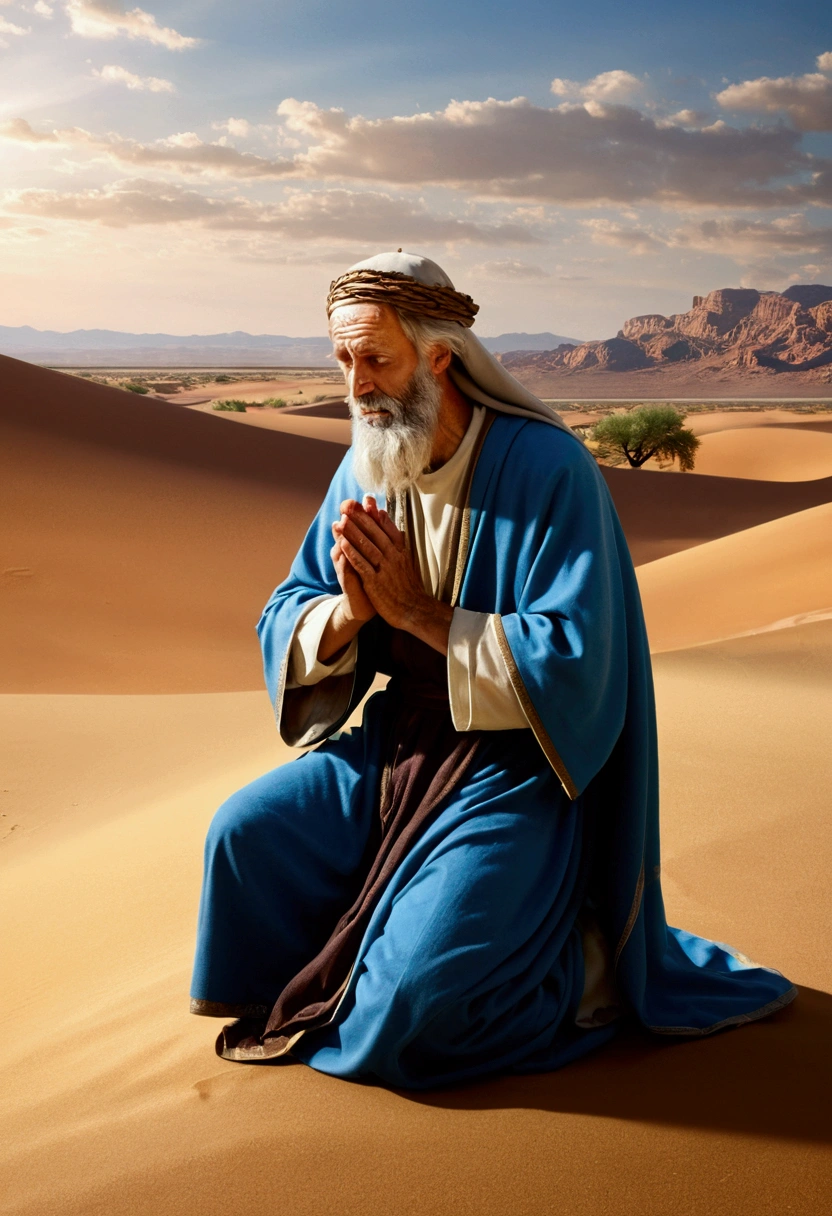 Saint # Joachim fasting and praying in the desert, with an angelic vision bringing him the good news about the birth of Mary.
