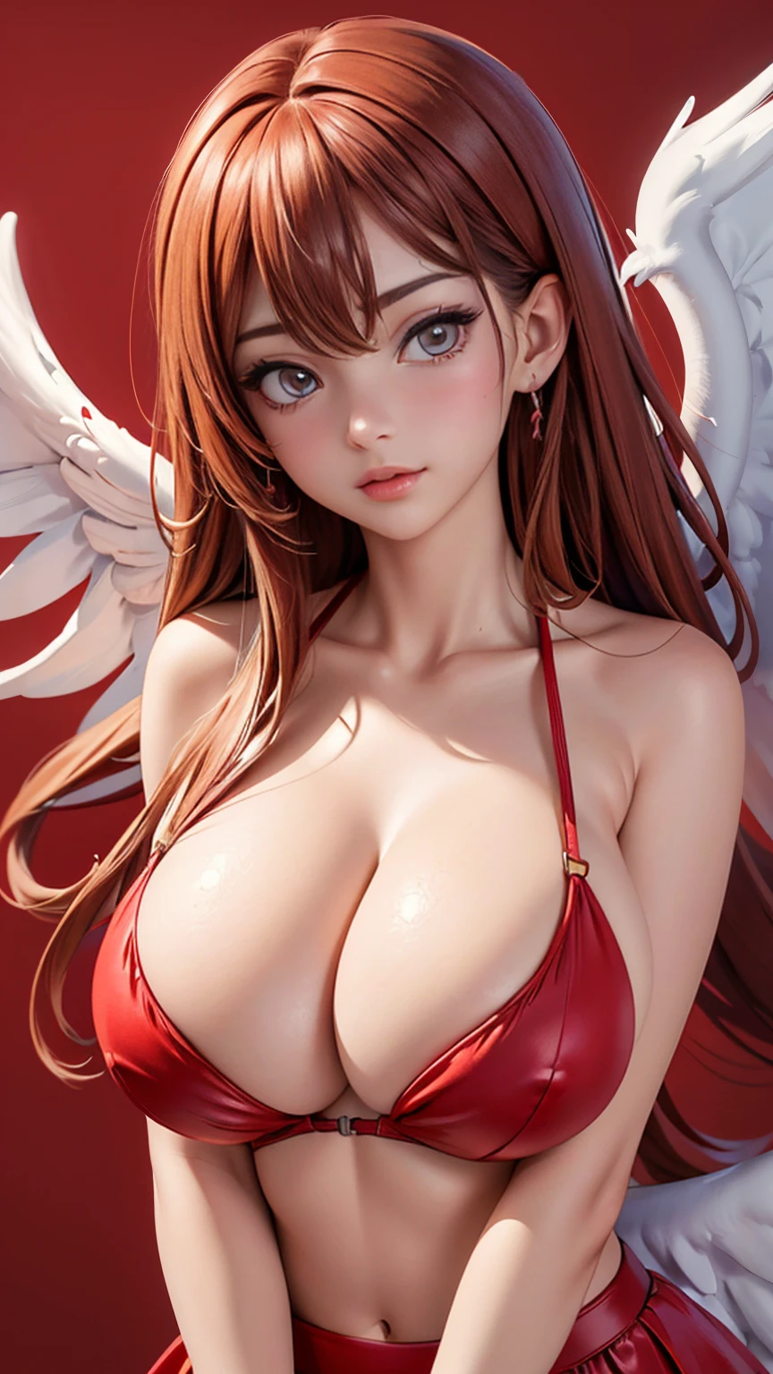 (best quality,4k,8k,highres,masterpiece:1.2),ultra-detailed,Woman、red_background、(big_breasts:1.5)、angel