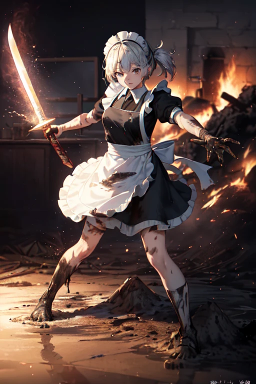 ((Highest quality:1.6)), ((Ultra-high resolution:1.6)), ((masterpiece)), (detailed:1.4), (detailedな顔), girl, cute, strong, Serious, Small breasts, Silver Hair, Fighting with a large sword, (black and white maid outfit, Black Dress, Headband, Long, Classic, Short sleeve), scratch, Blood, ((Apron is torn:1.4)), ((衣服に剣で斬れたscratch:1.6)), Fighting with a giant sword, (剣の斬撃によるscratch:1.6, Hit:1.6), Combat Ready, (Damage to waist apron:1.6), Big crisis, being cornered, 燃えているbattlefield, battlefield, explosion, Flaming, war, (Severe dirt all over the body:1.4, Covered in mud, Covered in charcoal:1.6), (Shabby maid:1.6), The arrow is stuck, Holding a two-handed sword, Pointing the blade at the enemy, Tsuba competition, Suppress the enemy, Swinging a sword with both hands, Shootout, I continue to protect it alone,