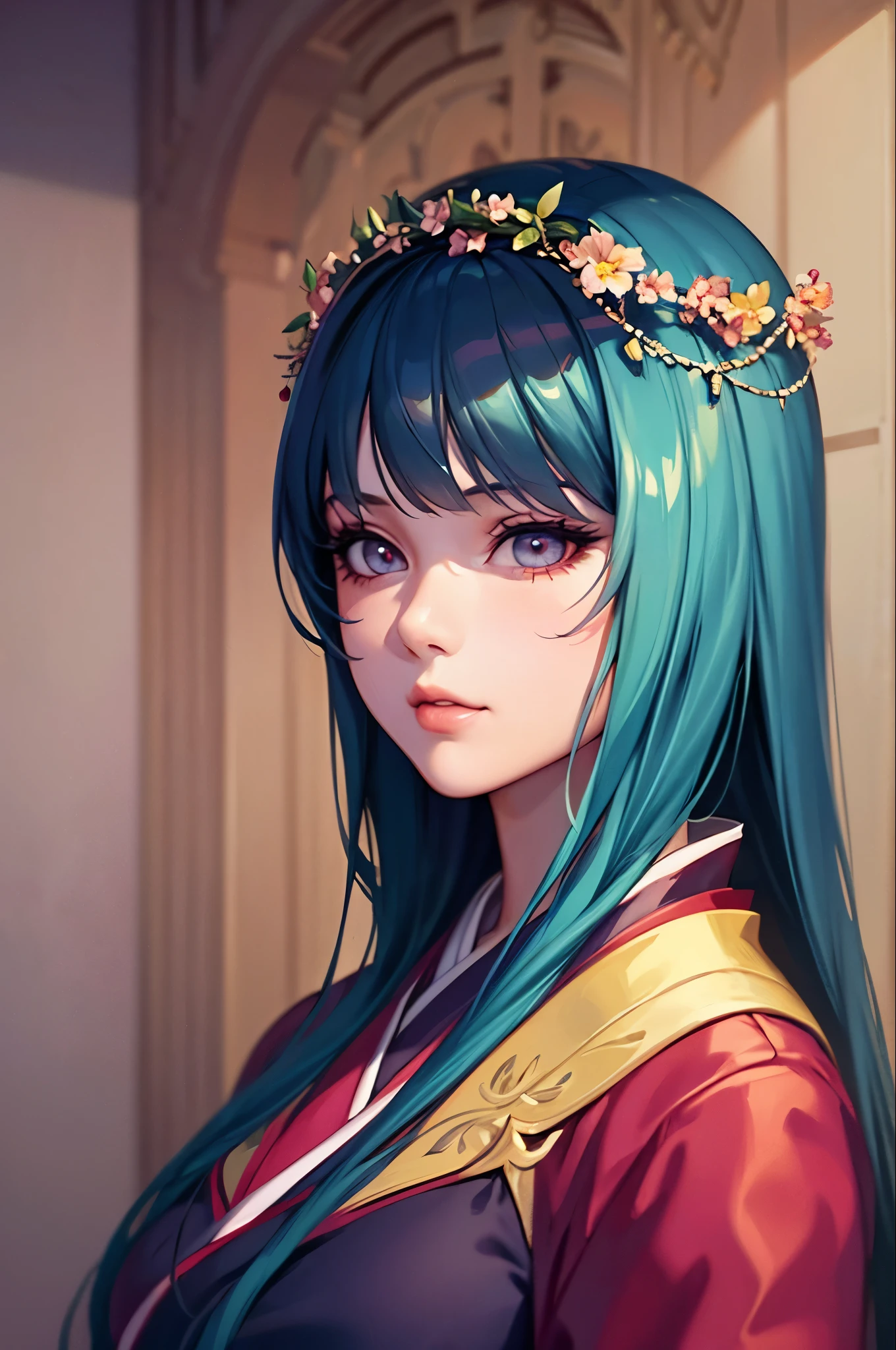 Arabian woman in kimono with flowers on her head, Beautiful digital artwork, Beautiful digital illustrations, Beautiful digital painting, Gorgeous digital painting, Gweiz-style artwork, Photorealistic anime girl rendering, Smooth anime CG art, Beautiful digital art, Amazing digital art with great detail, Amazing digital illustrations, Detailed digital anime art, April Rendering, Beautiful anime portraits