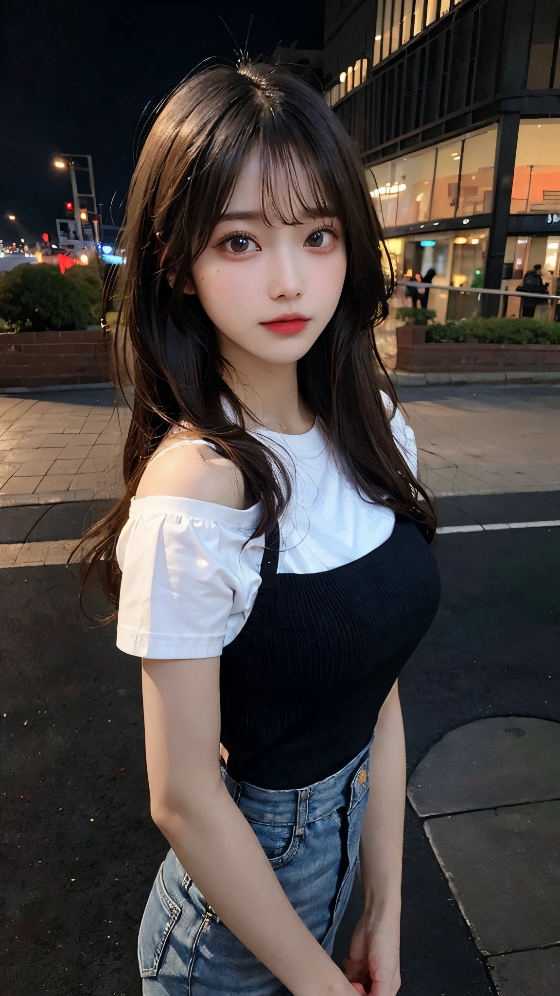 ((Midnight, Highest quality, 8K, masterpiece :1.3)), whole body, Long legs, Sharp focus :1.2, Beautiful woman with perfect figure :1.4, Slim Abs :1.1, ((Dark brown hair, Big Breasts :1.2)), (White tight T-shirt, Jean Bib, Are standing:1.2), ((Night city view)), Highly detailed face and skin texture, Fine grain, double eyelid, sunset, Darken, Backlight, Off the shoulder