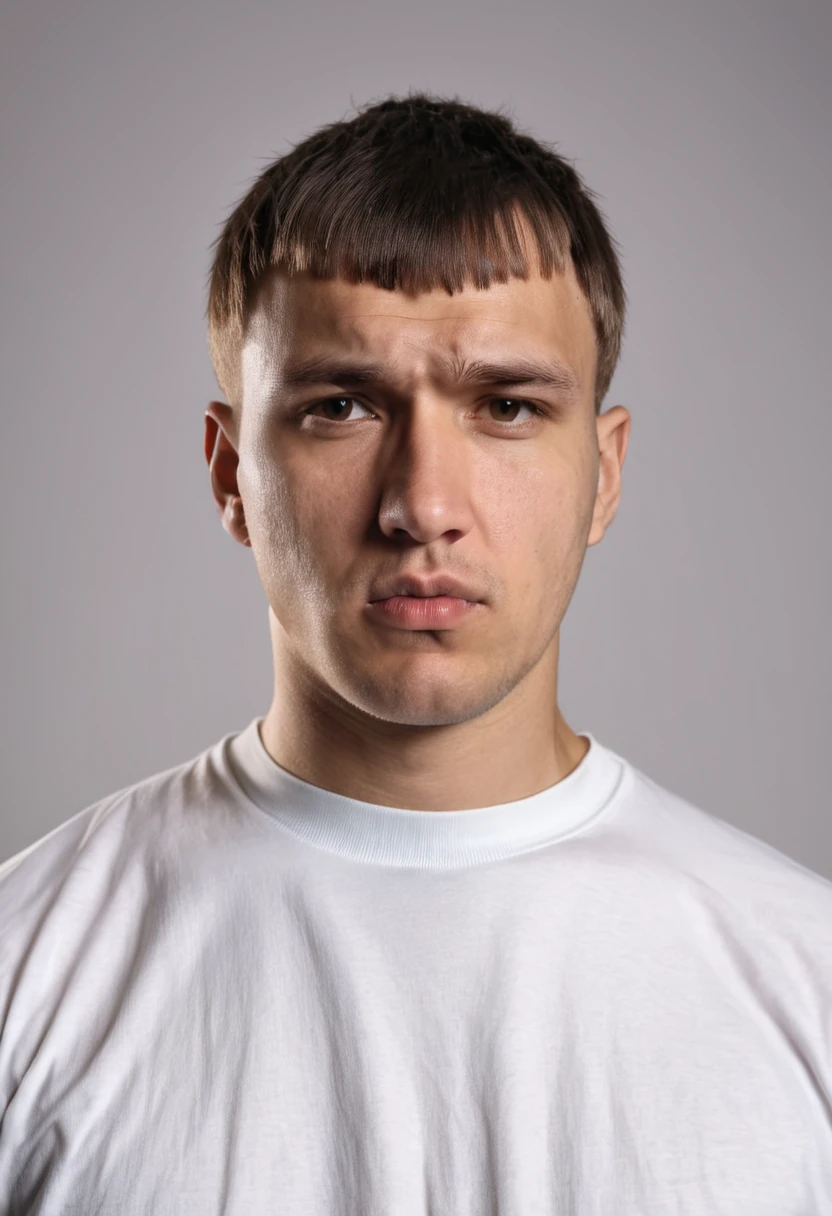 a serious-looking russian man with and caesar cut haircut, wearing a white t-shirt, closeup portrait, dramatic lighting, white background, gloomy, (best quality,8k,highres,masterpiece:1.2),ultra-detailed,(realistic,photorealistic,photo-realistic:1.37),HDR,studio lighting,vivid colors,superb quality,portrait,dramatic