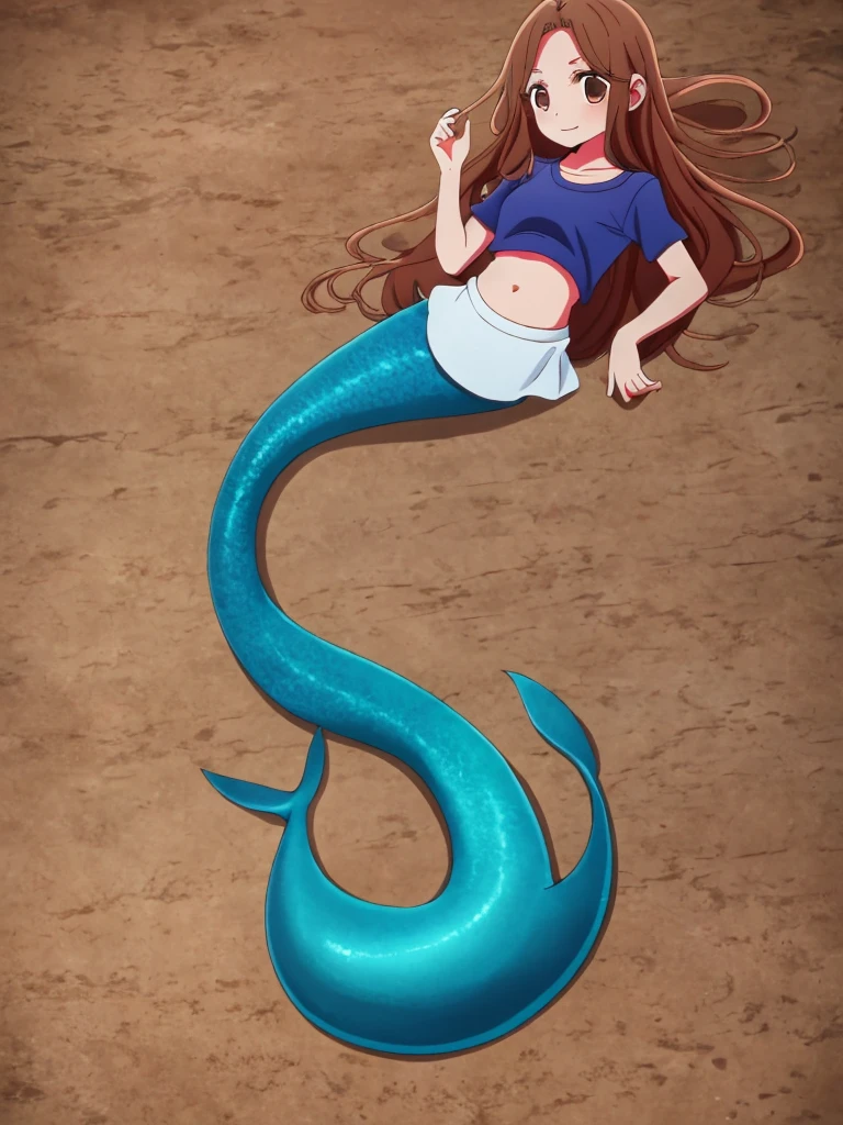 mermaid, shark tail, full body, midriff blur shirt,  beautiful perfect symmetrical face, beautiful cute teenager girl, full body, long brown disvelved hair, comic styled, under the sea