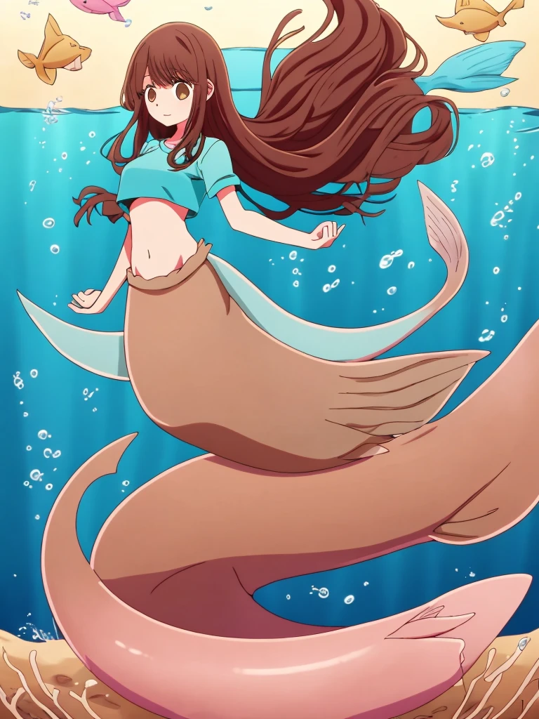 mermaid, shark tail, full body, midriff blur shirt,  beautiful perfect symmetrical face, beautiful cute teenager girl, full body, long brown disvelved hair, comic styled, under the sea