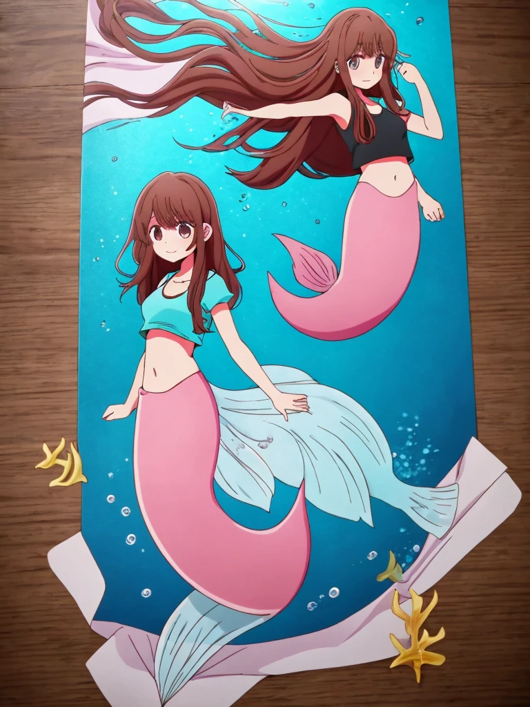 mermaid, shark tail, full body, midriff blur shirt, beautiful perfect symmetrical face, beautiful cute teenager girl, full body, long brown disvelved hair, comic styled, under the sea