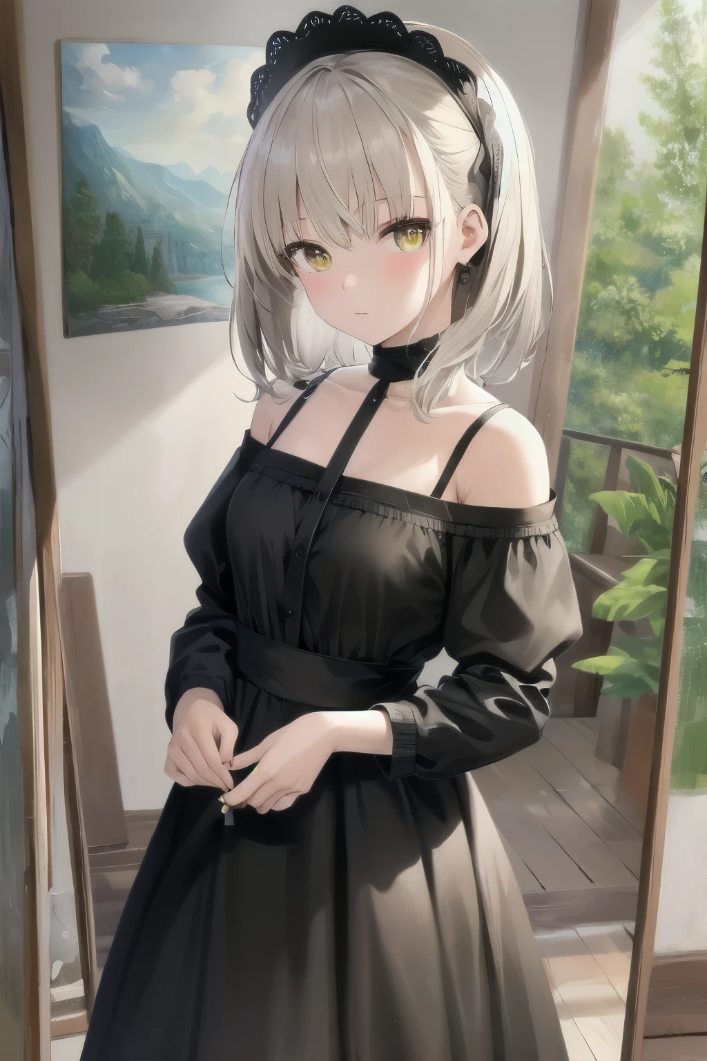 (masterpiece:1.2, best quality:1.1, highres,absurdres, high quality),(photorealistic:1.1),reflected light, colorful,ultra-detailed, ultra hd, super detailed, glowing, solo focus, platinum hair, antenna hair,, yellow eyes, cute face, blush,flower headbang, ( long black dress:1.2), artist girl, easel, painting a landscape picture:1.2, hand hold paintbrush, black dress, indoor, inside wooden house background, side 45 degree view