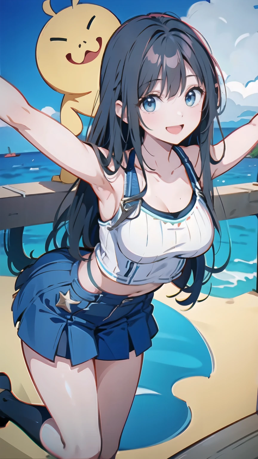 young woman、Ocean、Smile、Exact number of legs、Exact number of arms、