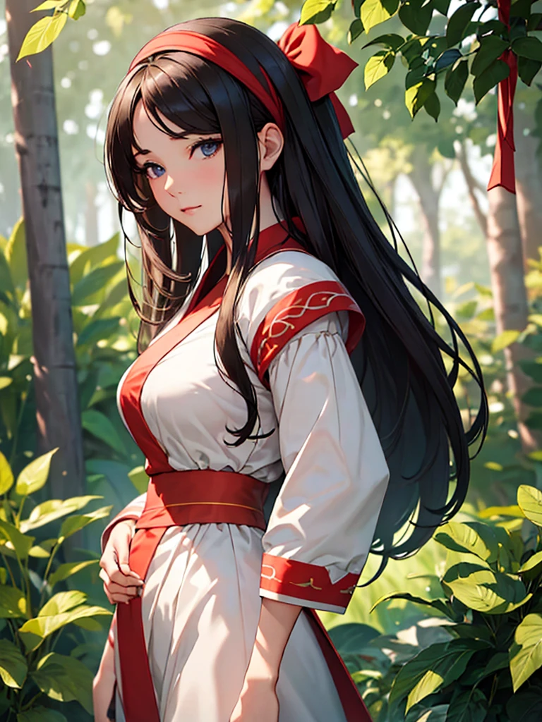 (Masterpiece, best quality, high res、highly detailed cg: 1), Create an image of a graceful and gentle noblewoman who exudes a sense of purity despite having a larger bust and hips. She should be elegantly dressed in refined attire that emphasizes her noble status while maintaining an air of modesty and sophistication. Her expression should be warm and serene, embodying a pure and graceful presence. ((red ribbon, hair band)), 35 years old