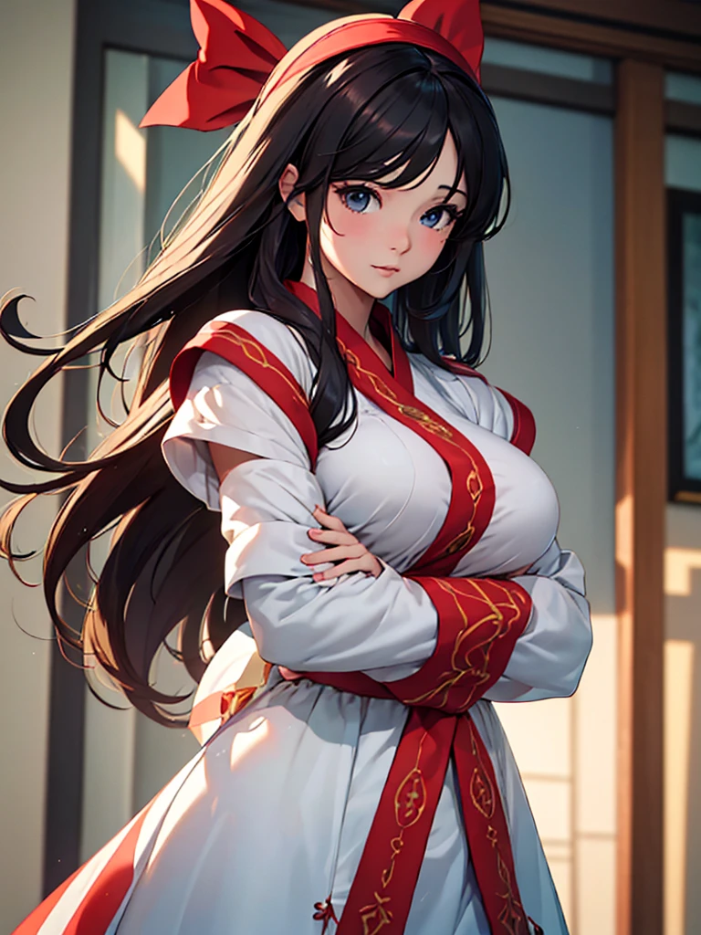 (Masterpiece, best quality, high res、highly detailed cg: 1), Create an image of a graceful and gentle noblewoman who exudes a sense of purity despite having a larger bust and hips. She should be elegantly dressed in refined attire that emphasizes her noble status while maintaining an air of modesty and sophistication. Her expression should be warm and serene, embodying a pure and graceful presence. ((red ribbon, hair band)), 35 years old