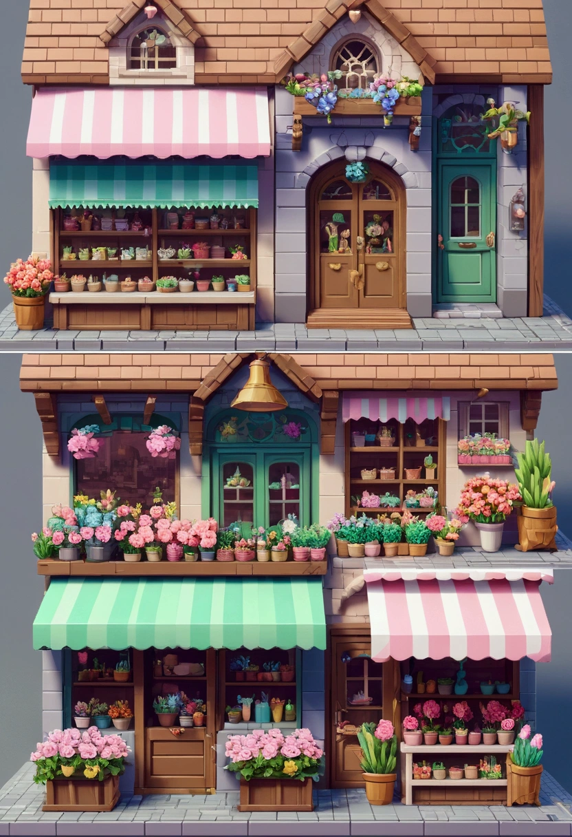 Pixel art for fantasy streets, Lovely shops everywhere,Such as a florist, baker shop, and more. Use a single pallet. Each shop is decorated in light colors. The streets are full of cute fantasy creatures, Like elves, unicorns, And talking animals, Wander around — created using Pixlr or Aseprite software, Use light green/Pink/Blue palette—C 10