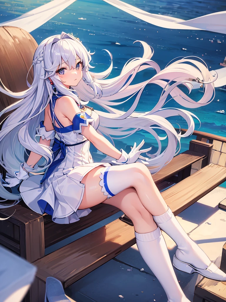((Highest quality)), ((masterpiece)), ((One girl)), alone, ferry, ((Long Hair)), ferryBase, ((Knee socks)), Bare shoulders, ((jewelry)), ((No sleeve)), White Dress, Blue Skirt, ((gloves)), Up to the thighs, From behind.