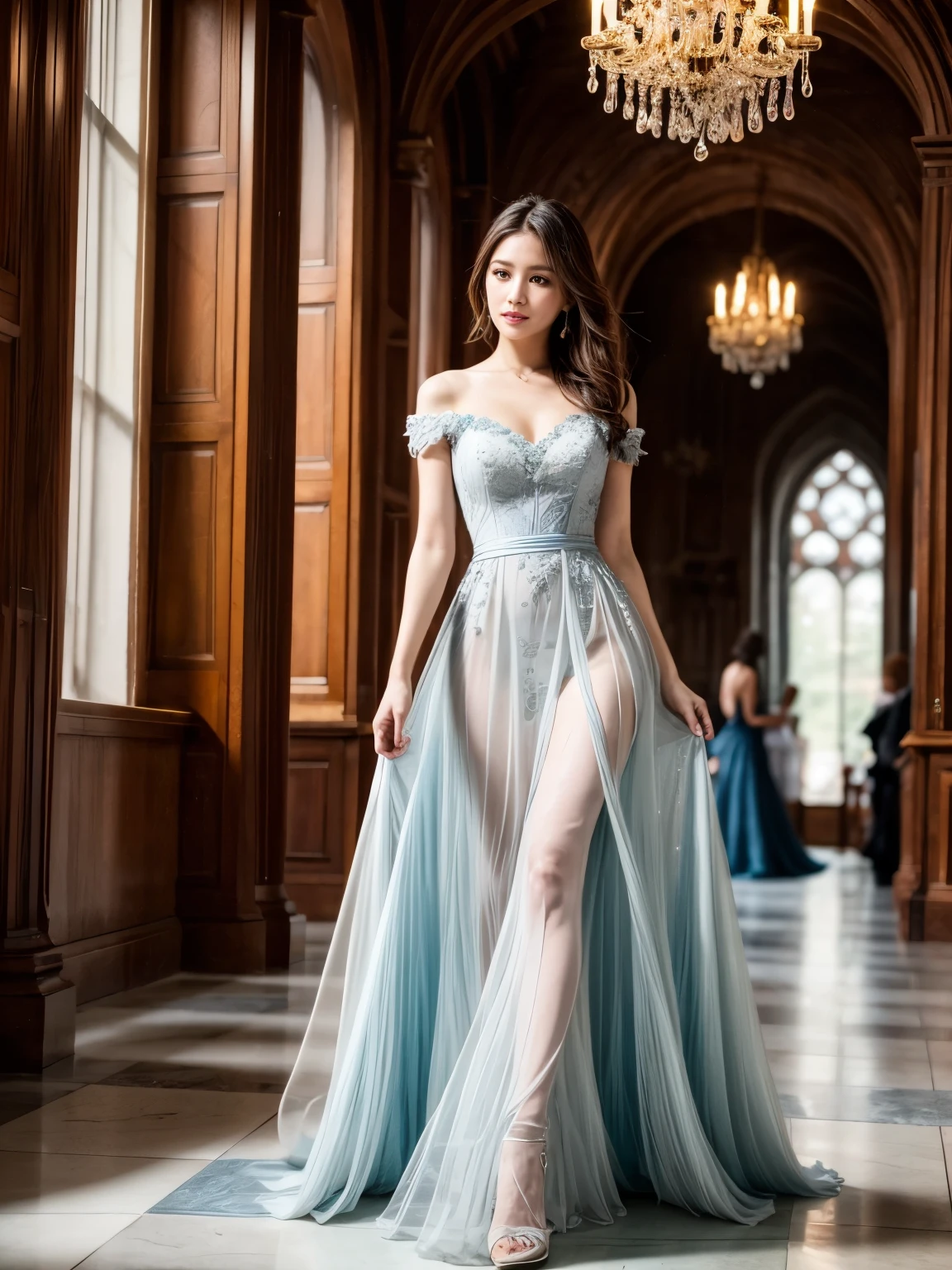 (Majestic style, Sophisticated and elegant, Sacred and Mystical:1.2),(wearing ball gown dress:1.2), In the hallway of Schloss Neuschwanstein、