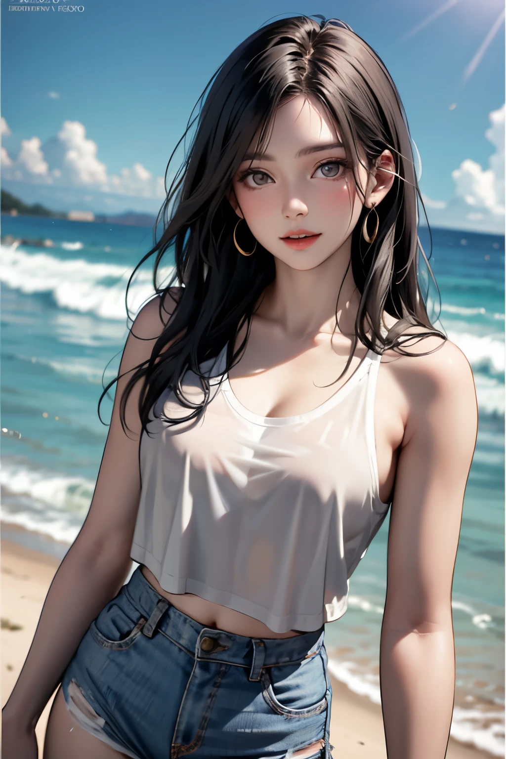 (Best Quality,4K,High resolution), Delicately expressed illustrations with realistic details、Looking into the camera,the beach,kawaii,Frolic and laugh,Long straight hair with red highlights on black hair,see through cardigan,Bikini bra,Denim shorts,Blue Sky Background,Walk along a secluded beach,comic strip,animesque,Comical illustration,Realistic cute illustrations delicately drawn in detail,Full body close-up,Sunshine,Lit up