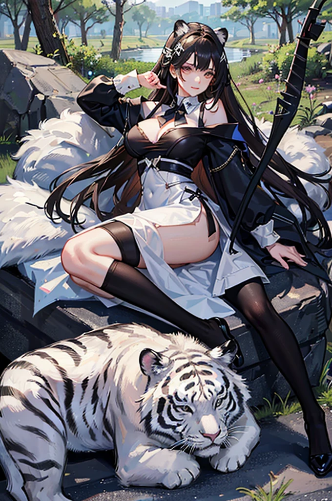 fine,epic,Excellent masterpiece,Face害羞,Face,Characteristic shyness,Fascinating facial expression,Royal sister,Big breasts,Black socks,Black Hair,hunter,Holding a bow and arrow,beautiful girl,forest,Dark,Riding on the back of a white tiger,