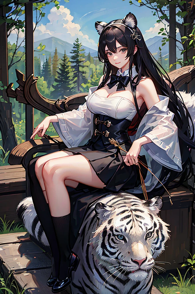 shy，Face，Characteristic shyness，Fascinating facial expression，Royal sister，Big breasts，Black socks，Black Hair，hunter，Holding a bow and arrow，beautiful girl，forest，Dark，Riding on the back of a white tiger，
