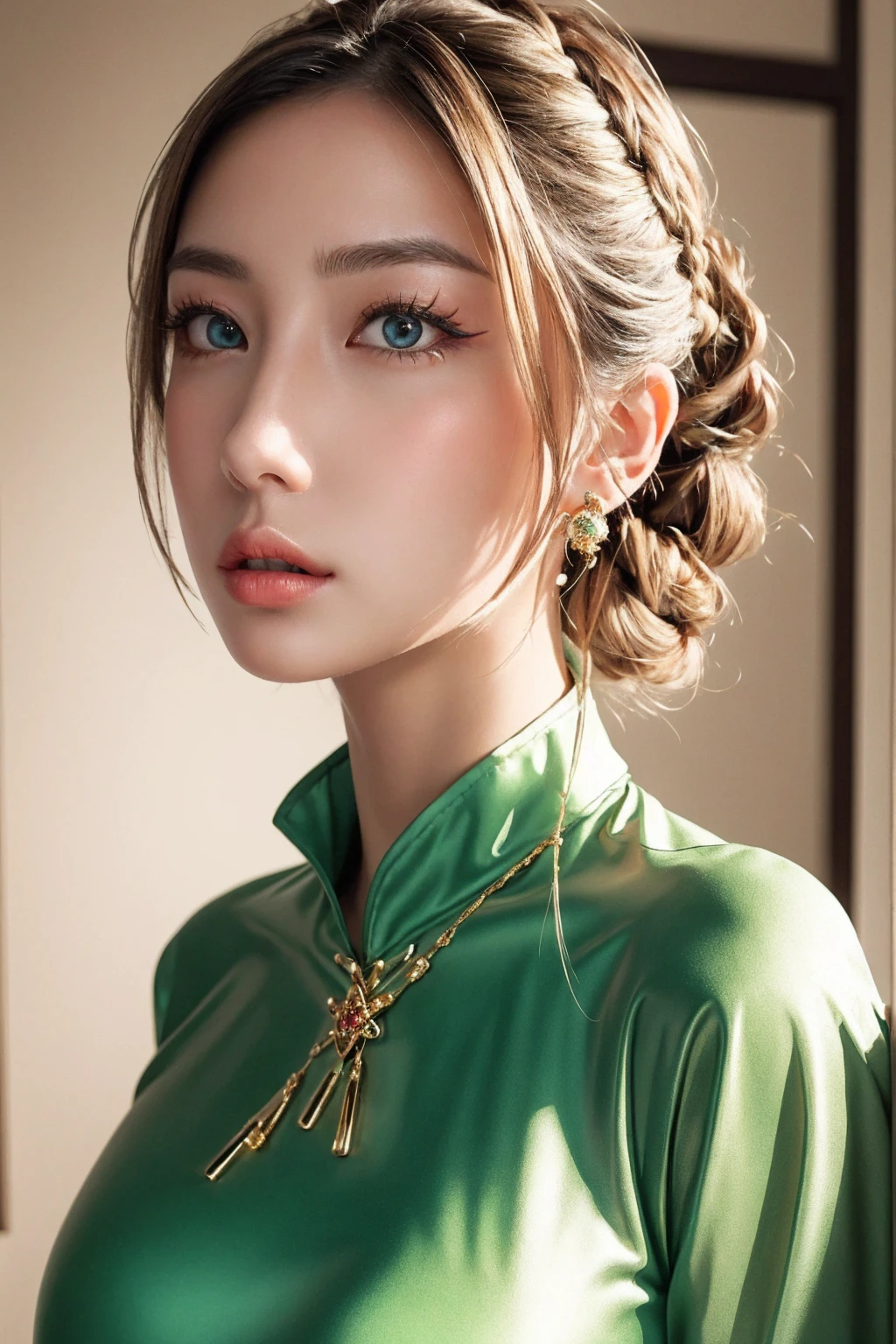 Here's the photorealistic masterpiece you requested: A close-up portrait of an extremely sexy Italian woman, dressed in a stunning lime green latex cheongsam and hyper-puffy yellow chain swimwear, with twintails blonde hair tied up in an intricate updo hairstyle. Her huge breasts are showcased perfectly as she gazes directly at the viewer with her piercing blue eyes, complete with eyeliner and painted lips. She's adorned with gold jewelry and has a fresh, very clean appearance. The lighting is cinematic, with dynamic shadows and a deep sense of intimacy. The background is blurred out to focus solely on the model's upper body, showcasing every detail in high-resolution 32k clarity.