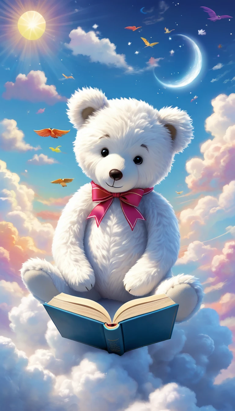 Create an image of a white teddy bear sitting on fluffy clouds, engrossed in reading a book. The teddy bear has soft, plush fur, and is holding the book open with its paws. The book is large and colorful, with whimsical illustrations visible on the pages. The sky around is a bright blue, with a few scattered, fluffy clouds adding to the serene and dreamy atmosphere. The overall scene should evoke a sense of peace and imagination.