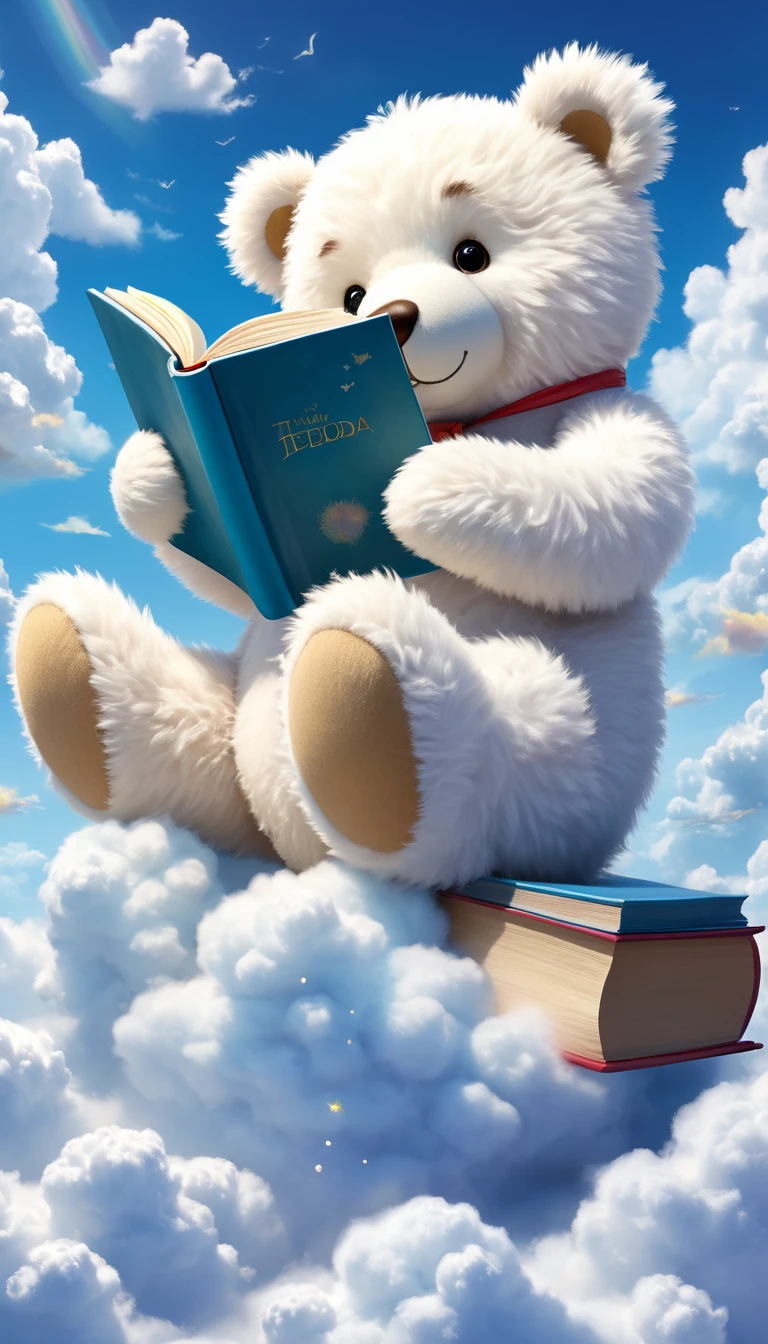 Create an image of a white teddy bear sitting on fluffy clouds, engrossed in reading a book. The teddy bear has soft, plush fur, and is holding the book open with its paws. The book is large and colorful, with whimsical illustrations visible on the pages. The sky around is a bright blue, with a few scattered, fluffy clouds adding to the serene and dreamy atmosphere. The overall scene should evoke a sense of peace and imagination.