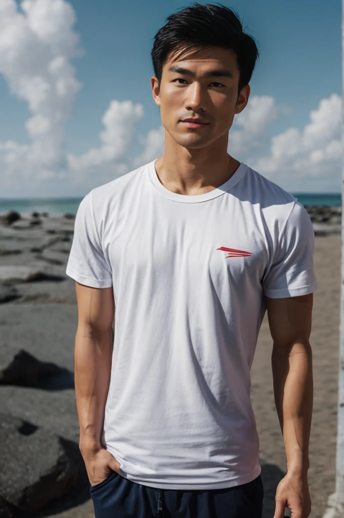 A handsome, muscular young Asian man looks at the camera. In a simple t-shirt white and red , Fieldside, grass, beach, sunlight, Carrying a camera