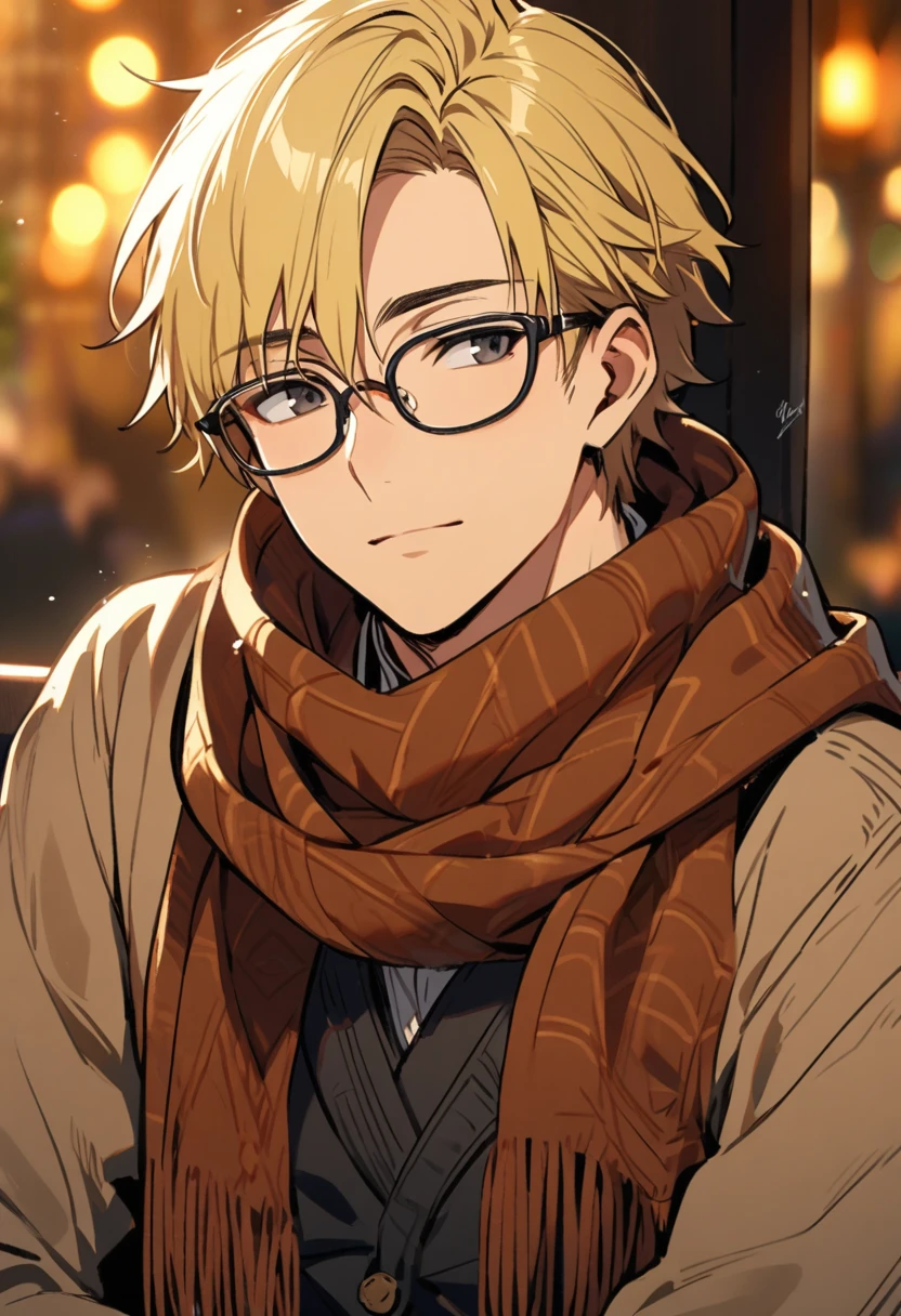 male, solo, handsome, short hair, scarf, black eyes, blond hair, glasses, relaxing face