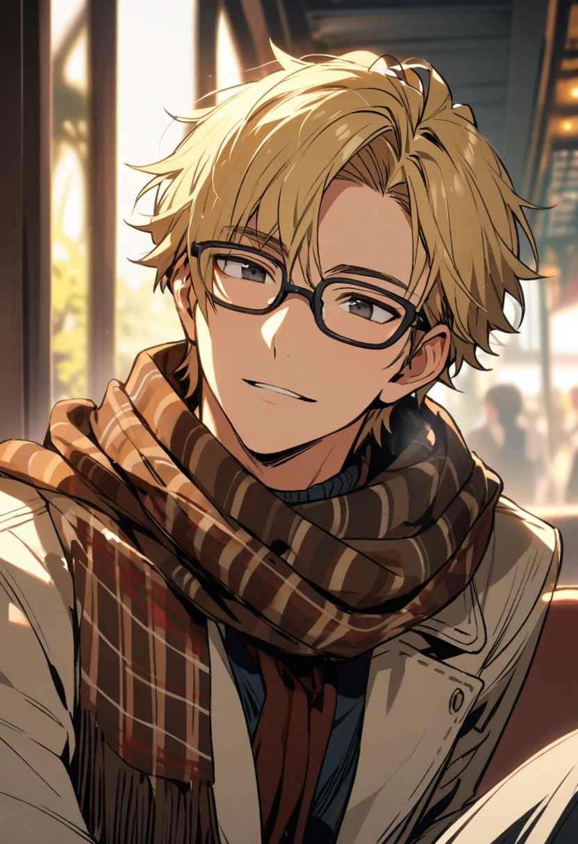 male, solo, handsome, short hair, scarf, black eyes, blond hair, glasses, relaxing face