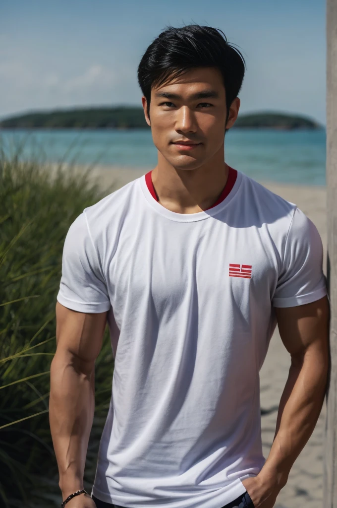 A handsome, muscular young Asian man looks at the camera. In a simple t-shirt white and red , Fieldside, grass, beach, sunlight, Carrying a camera