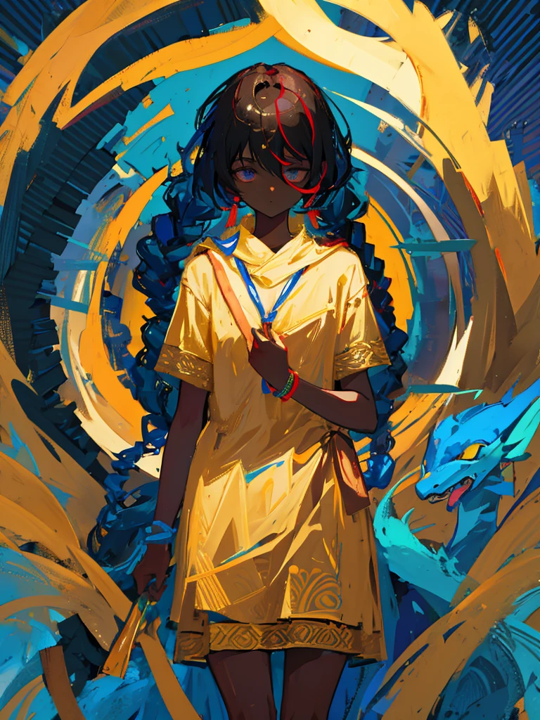 Dark skinned Indian girl , blind folded, snake background