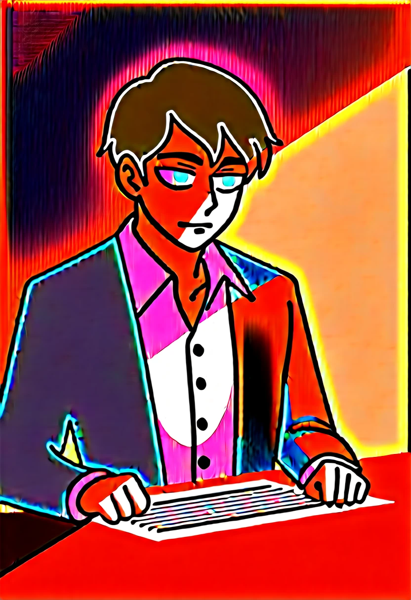Handsome male warm light brown skin green eyes brown hair so deep sharp cheekbones with no face fat and dimple should look like morally grey man from fictional book character with office whole black suit and short wavy hair a little bit younger but so much cheekbones. Lean against a table in a dark office