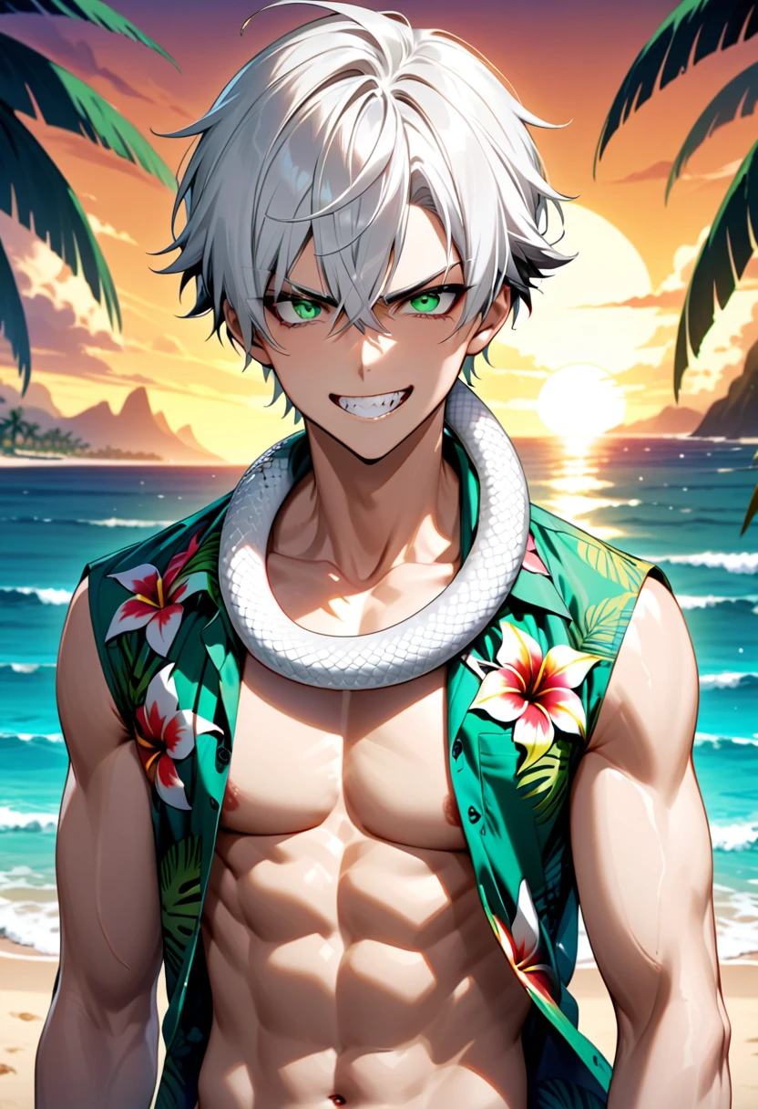 long, white-haired, teen, male with green eyes and a sinister grin. Shirtless with a white and green open hawaiian shirt. Beach background. White snake around his neck