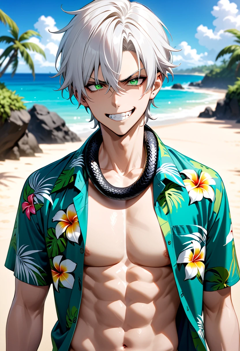 long, white-haired, teen, male with green eyes and a sinister grin. Shirtless with a white and green open hawaiian shirt. Beach background. White snake around his neck