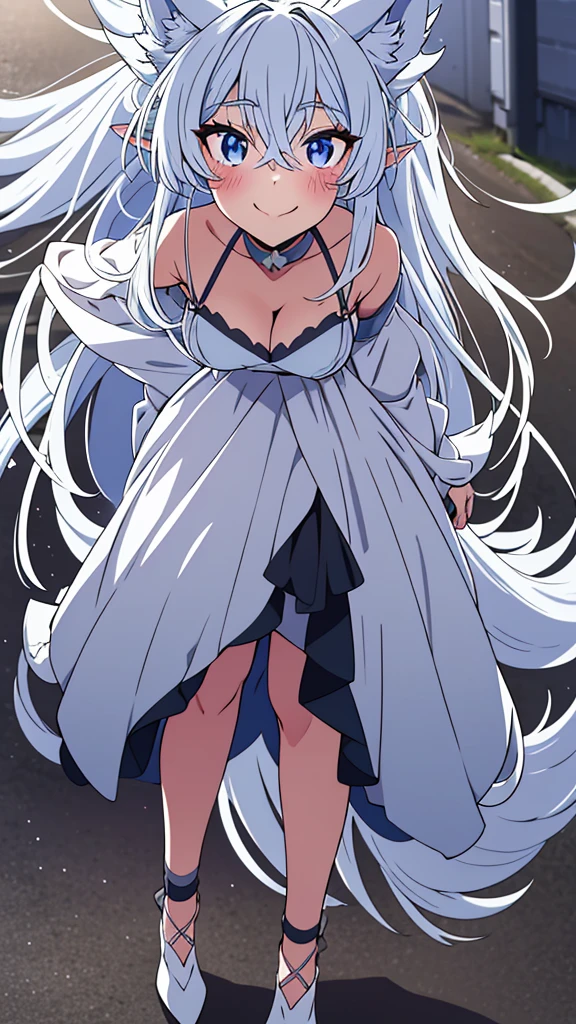 lvl2kara, Fenrys, Fenrisu, long hair, silver hair, light blush, smile, wolf girl, starrystarscloudcolorful, full body, adult, FenrysLv2, grey hair, very long hair, blue eyes, wolf ears, pointy ears, choker, white dress, bare shoulders, black ribbon, cleavage, strap slip