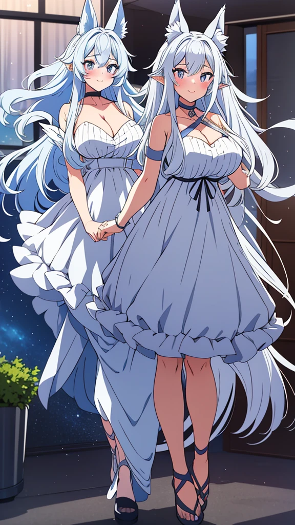 lvl2kara, Fenrys, Fenrisu, long hair, silver hair, light blush, smile, wolf girl, starrystarscloudcolorful, full body, adult, FenrysLv2, grey hair, very long hair, blue eyes, wolf ears, pointy ears, choker, white dress, bare shoulders, black ribbon, cleavage, strap slip