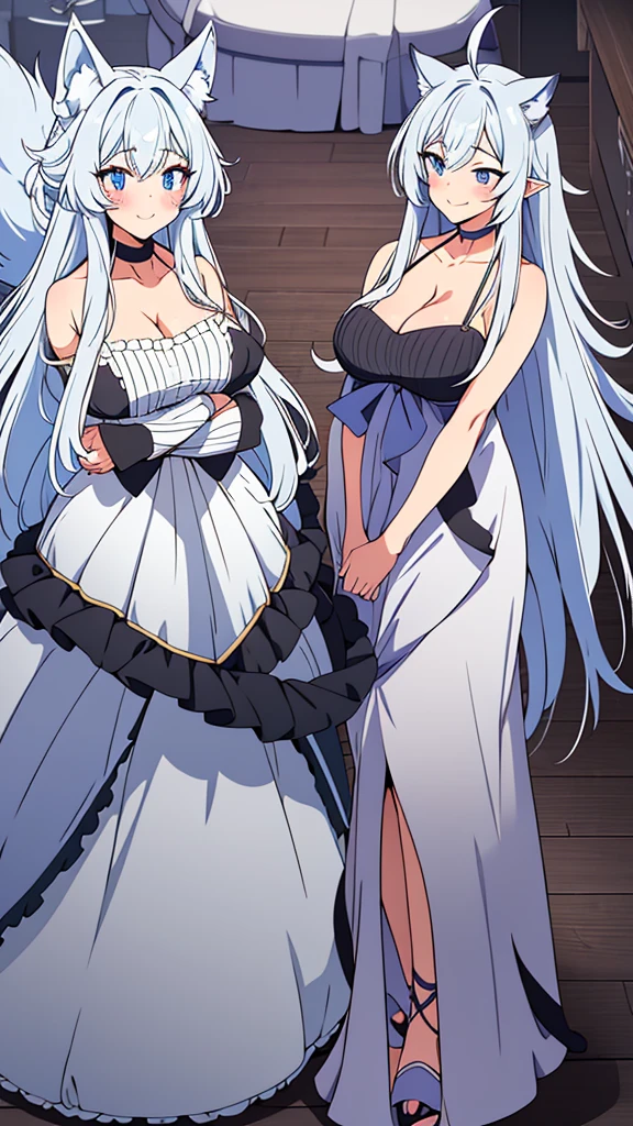 lvl2kara, Fenrys, Fenrisu, long hair, silver hair, light blush, smile, wolf girl, starrystarscloudcolorful, full body, adult, FenrysLv2, grey hair, very long hair, blue eyes, wolf ears, pointy ears, choker, white dress, bare shoulders, black ribbon, cleavage, strap slip