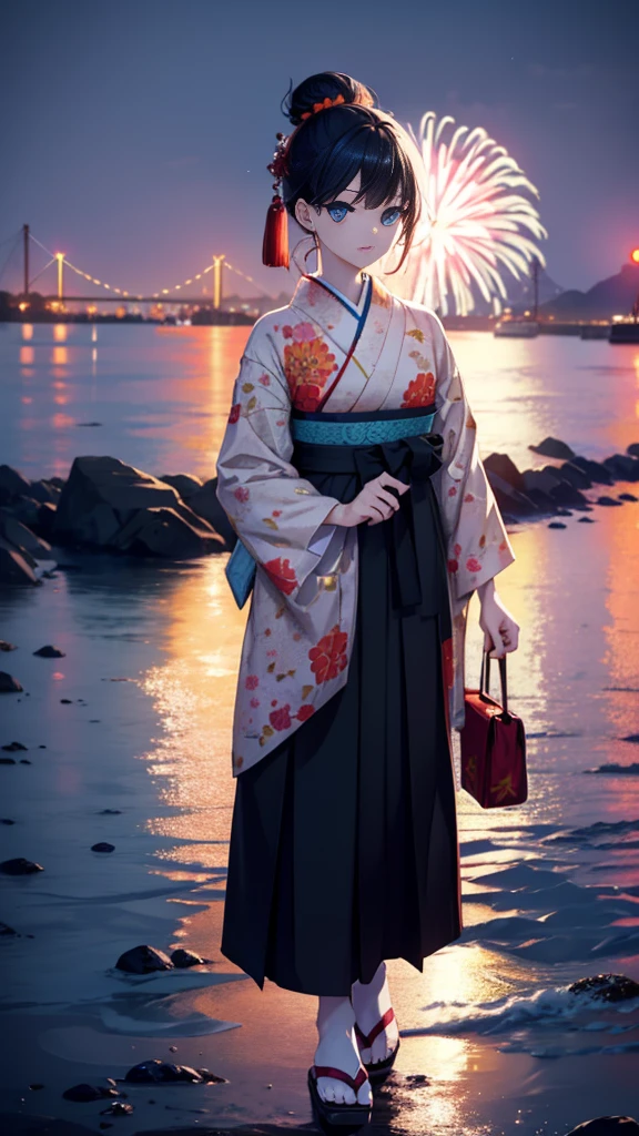 With a good body, Affluent backstreets, Black Hair, blue eyes, Long Hair, orange Scrunchie, Scrunchie, wrist Scrunchie,White Kimono,Sandals,Red lantern,Hair Bun, double Hair Bun,happy sad face, Open your mouth,Fireworks,The place is a fireworks display、Time is night,Walking outdoors, festival,
break looking at viewer, whole body,
break (masterpiece:1.2), Highest quality, High resolution, unity 8k wallpaper, (shape:0.8), (Fine and beautiful eyes:1.6), Highly detailed face, Perfect lighting, Highly detailed CG, (Perfect hands, Perfect Anatomy),