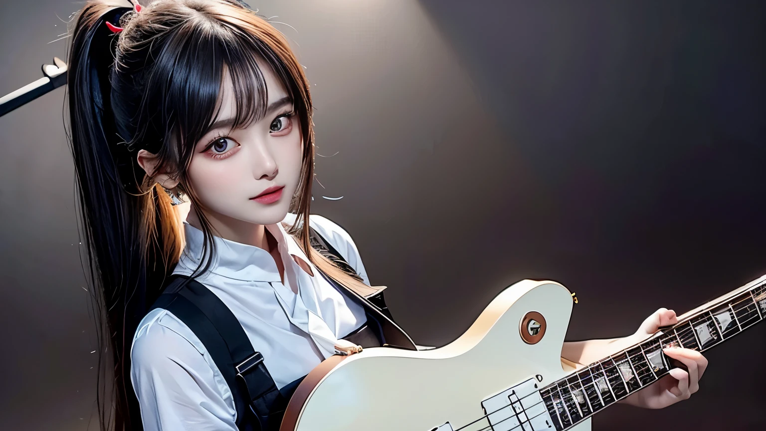 (1girl), (ponytail), black hair, (long hair), 
(((guitar, instrument, electric guitar, bass guitar, amplifier, gibson les paul, drum, acoustic guitar, speaker))), 
Slender, skinny, (turime), thick eyebrows, 
(school uniform), (sailor uniform), ((red sailor tie)), (white sailor blouse), 
vibrant colors, sharp focus, best quality, depth of field, cinematic lighting, (illustration, 8k CG, extremely detailed), ultra-detailed, high resolution, firefliesfireflies, perfect light, 
stylish pose, 8k, very clear, highest quality, high resolution. best quality, illustration, sax blue, 1girl, cute, (dynamic lighting:1.2), cinematic lighting, delicate facial features, detailed eyes, sharp pupils, realistic pupils, depth of field, bokeh, sharp focus, (hyper-detailed, bloom, glow:1.4), many small gems, looking at the viewer, 