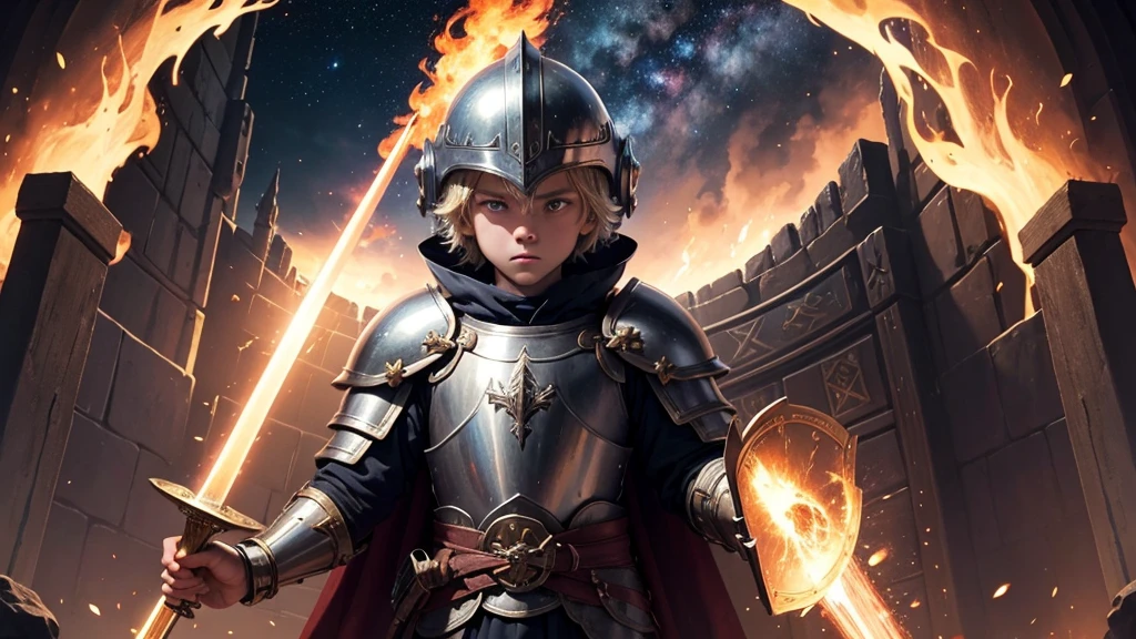 Boy in medieval armor, helmet, shield and a book in hand interconnected to the heavens, connection to a throne above, Galaxy, enemy ahead huge strong opponent with fire and hatred holding a sword, universe, might
