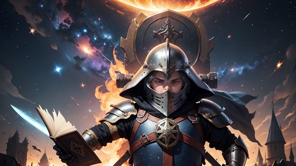 Boy in medieval armor, helmet, shield and a book in hand interconnected to the heavens, connection to a throne above, Galaxy, enemy ahead huge strong opponent with fire and hatred holding a sword, universe, might