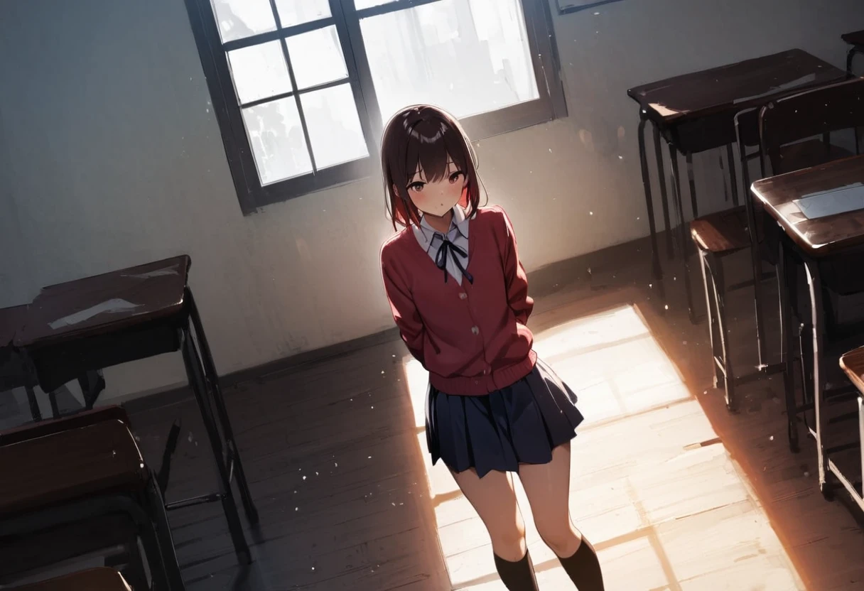 Air conditioning is broken、School、In the classroom、Sitting in a chair、Girl、Girl、Short、Younger、Lower school year、Baby Face、flat chest、Dynamic Angle、masterpiece、best quality、ultra-detail、Summer sunshine、Miniskirt、The desks are lined up、There are several classmates behind me.、Clothing、be very anxious、I was so surprised.、Very anxious、Sweating profusely、window