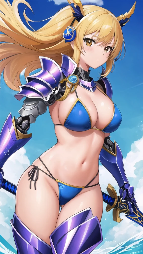 Cartoon character with sword, Art inspired by Masamune Shirow, Armor Girl, Bikini Armor, Bikini Armor, Bikini Armor female knight, Bikini Armor, tits, Zodiac Knight Girl, biomechanical tits