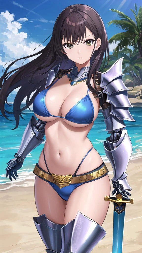 Cartoon character with sword, Art inspired by Masamune Shirow,  Armor Girl, Bikini Armor, Bikini Armor, Bikini Armor female knight, Bikini Armor, tits, Zodiac Knight Girl, biomechanical tits