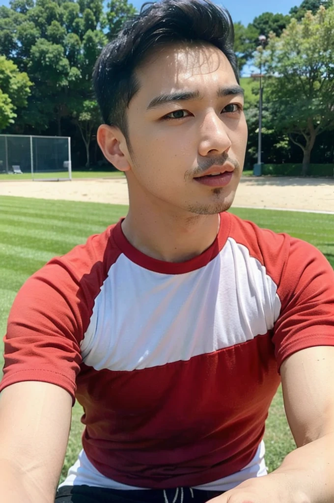 A handsome, muscular young Asian man looks at the camera. In a simple t-shirt white and red , Fieldside, grass, beach, sunlight, Carrying a camera