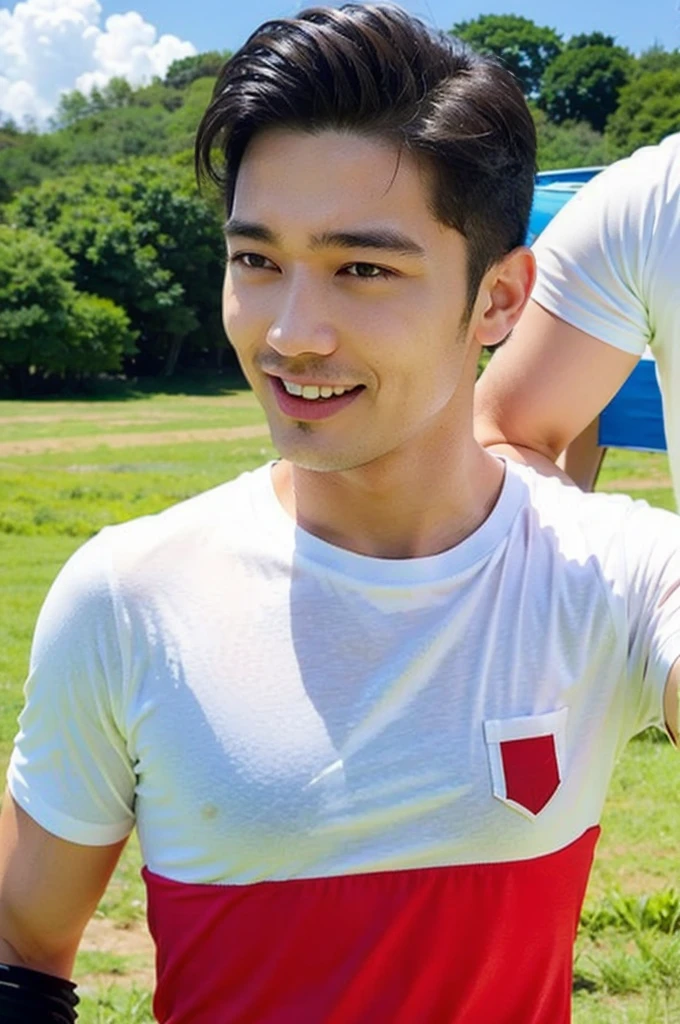 A handsome, muscular young Asian man looks at the camera. In a simple t-shirt white and red , Fieldside, grass, beach, sunlight, Carrying a camera