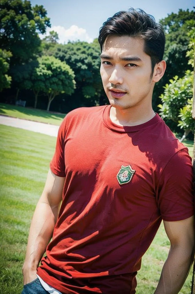 A handsome, muscular young Asian man looks at the camera. In a simple t-shirt white and red , Fieldside, grass, beach, sunlight, Carrying a camera