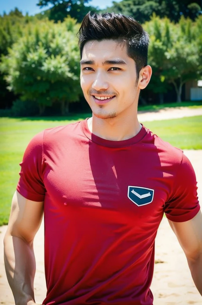 A handsome, muscular young Asian man looks at the camera. In a simple t-shirt white and red , Fieldside, grass, beach, sunlight, Carrying a camera
