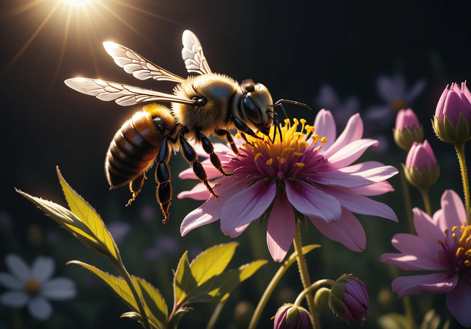photorealism, intricate details, extremely detailed, masterpiece, sharp, high contrast,
(best quality, hires textures, high detail:1.2), (4k),(incredibly detailed:1.4), Cinematic Lighting , best quality,
a bee lands on a flower to collect nectar, late spring