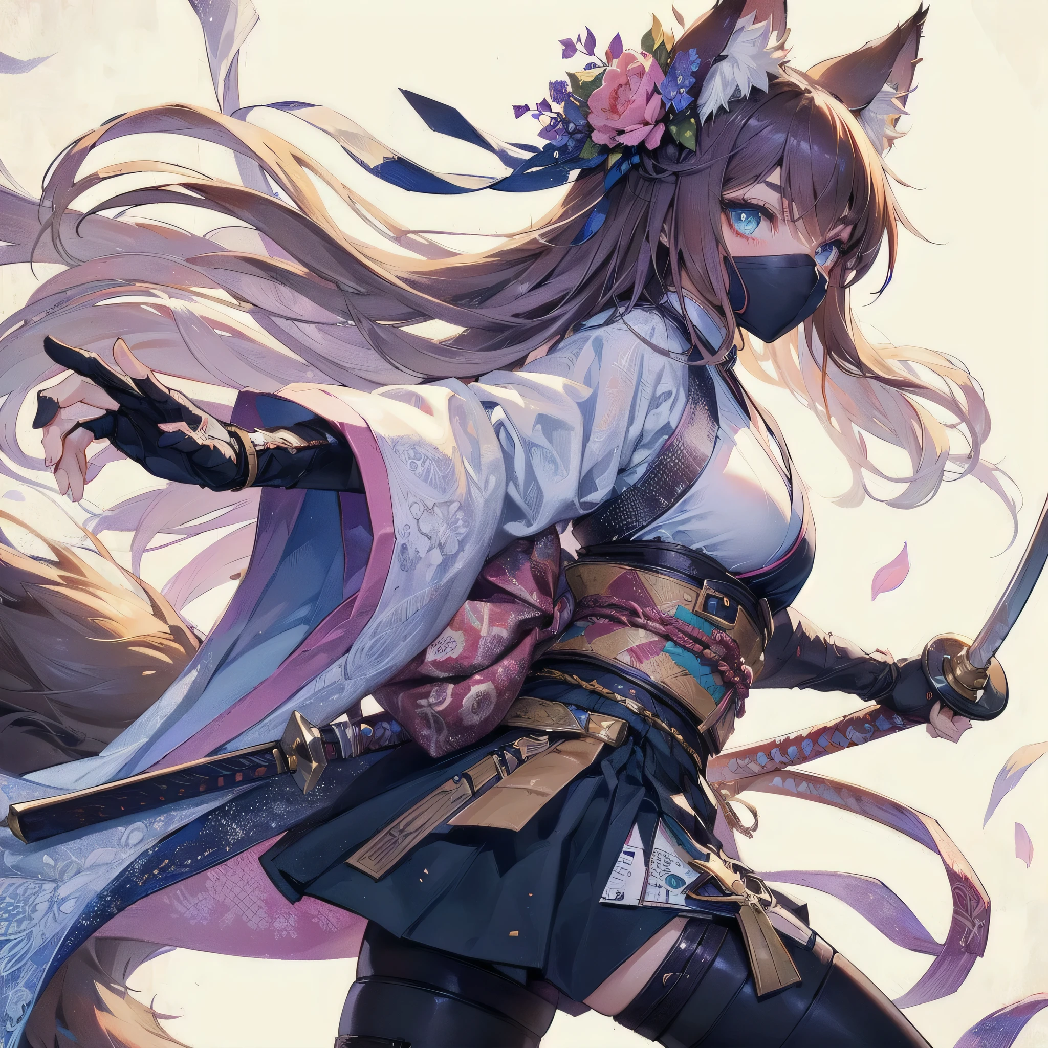 masterpiece, (textured skin), best quality, gorgeous beautiful girl, (a female
cat ears,cat tail),ninja,detailed clothes,large breasts,narrow waist,, (beautiful face), cinematic lighting, (fantasy anime art ),