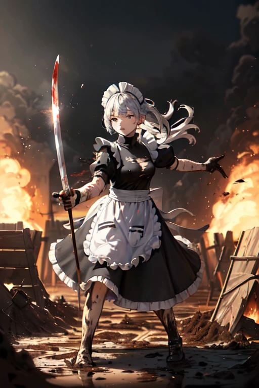 ((Highest quality:1.6)), ((Ultra-high resolution:1.6)), ((masterpiece)), (detailed:1.4), (detailedな顔), girl, cute, strong, Serious, Small breasts, Silver Hair, Fighting with a large sword, (black and white maid outfit, Black Dress, Headband, Long, Classic, Short sleeve), scratch, Blood, ((Apron is torn:1.4)), ((衣服に剣で斬れたscratch:1.6)), Fighting with a giant sword, (剣の斬撃によるscratch:1.6, Hit:1.6), Combat Ready, (Damage to waist apron:1.6), Big crisis, being cornered, 燃えているbattlefield, battlefield, explosion, Flaming, war, (Severe dirt all over the body:1.4, Covered in mud, Covered in charcoal:1.6), (Shabby maid:1.6), The arrow is stuck, Holding a two-handed sword, Pointing the blade at the enemy, Tsuba competition, Suppress the enemy, Swinging a sword with both hands, Shootout, I continue to protect it alone, 